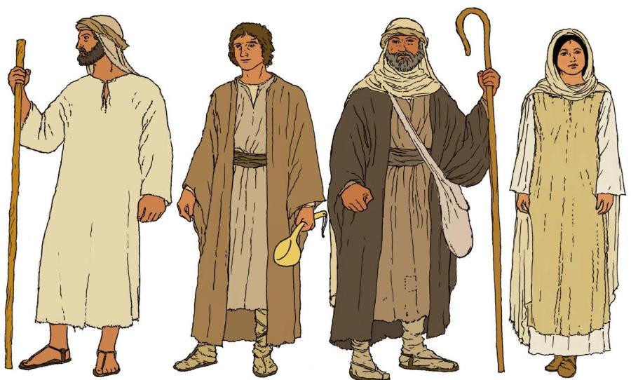 上图：古代以色列人外衣的想象图。作为「当头」的「衣服」（申二十四13）原文是​「שַׂלְמָה salmah」，可能是一种比较重的外袍或披肩，用一大块粗糙的长方形羊毛或亚麻布料缝合在一起，前面没有缝合，手臂的位置有两个开口。这件外袍白天可以防雨和御寒，晚上可以当被子，还可以用来包东西（出十二34；王下四39）。而「衣裳」（申二十四17）原文是​「בֶּגֶד beged」，泛指衣服。由于​以色列人​从来不用绘画、雕刻或浮雕来夸耀自己，所以除了​圣经​之外，很少有​服装的图像史料。现代人只能根据埃及壁画和​亚述浮雕中的一些线索，以及中东其他国家的服装来推测古代以色列人的服装。​