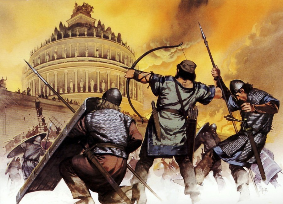 上图：主后537年罗马城的哥特之围（Siege of Rome）。主后410年以后，罗马先后遭到西哥特人、汪达尔人、勃艮第人的入侵和洗劫，主后537年，在东哥特人与东罗马皇帝查士丁尼一世的战争中，罗马几乎所有的排水管道被摧毁，罗马议会制度被废除，罗马人奢华的生活彻底结束了。