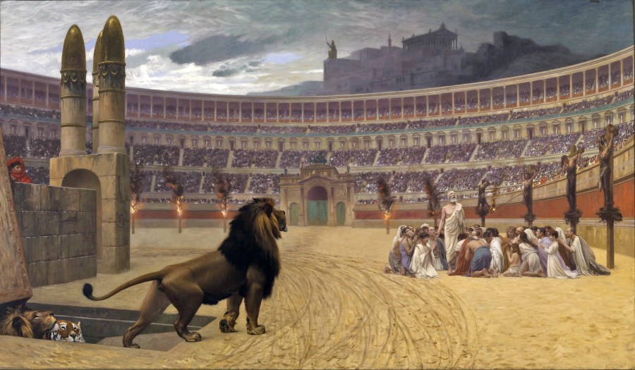 上图：油画《基督教殉道者最后的祷告 The Christian Martyrs' Last Prayer》，法国画家让-里奥·杰洛姆（Jean-Léon Gérôme）绘于1863-1883年。这幅画描绘了尼禄皇帝迫害基督徒的情景：竞技场周围的柱子上，左边是遭受火刑的基督徒，右边是被十字架处死的基督徒，中间的一群基督徒正在祷告，看台上挤满了看热闹的罗马人，远处是罗马城内高耸的神庙和偶像，近处是一群猛兽从地下甬道进入斗兽场，准备把基督徒们撕得粉碎。不管怎么逼迫，信主的人却越来越多。两百多年以后，罗马皇帝宣布基督教为国教。