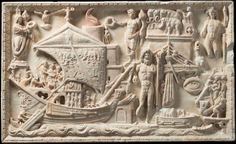 上图：主后2-3世纪的古罗马浮雕（Torlonia relief），描绘了台伯河口北岸的波特斯港（Portus）和货船。