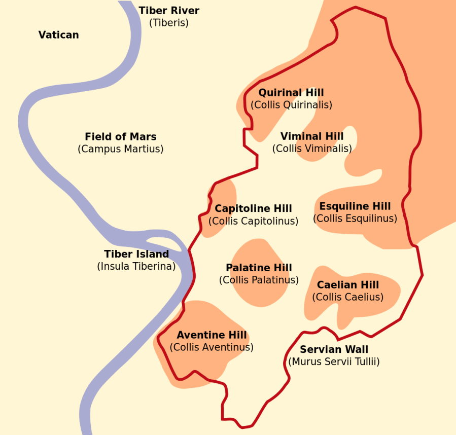 上图：古罗马城的核心城区，建在台伯河 （Tiber River）东岸的七座小山上：Aventine Hill, Caelian Hill, Capitoline Hill, Esquiline Hill, Palatine Hill, Quirinal Hill, Viminal Hill。梵蒂冈在台伯河的西北岸，不在这七山的范围内。