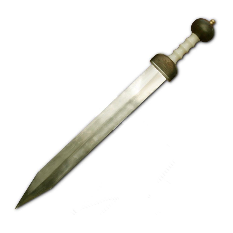上图：新约时代罗马士兵使用的庞贝式短剑Pompeii Gladius，就像人的舌头，所以圣经把基督的道比喻为「骑白马者口中出来的剑」（启十九21）。「剑」（启一16；二12、16；六8；十九15、21）原文（rhomphaia/ῥομφαία）在古希腊的文献中指色雷斯人从主前第四世纪开始使用的长柄单刃刀，刀片约60-80厘米，柄长约50厘米。但在古罗马的文献中，rhomphaia最初是指「矛」、后来是指「剑」（Plutarch: Life of Aemilius Paulus 18; Eustathius, on Iliad verse VI 166; Hesychius）。罗马军队使用的「剑」并非长柄单刃刀、而是双刃短剑。因此，《启示录》中「两刃的利剑」（启一16）并不是指希腊长柄单刃刀，而是指当时的读者最熟悉的罗马双刃短剑。