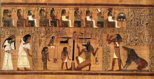 上图：约主前1250年古埃及第十九王朝的《亚尼的亡灵书（Papyrus of Ani; Book of the Dead）》，全长二十四米，共六十章，现藏于大英博物馆。古埃及棺木中都有亡灵书，通常是以纸莎草画成的长卷，描绘死者为获永生所必经的各种磨练、审判的过程。在上图的「称心审判」中，死者亚尼和妻子来到冥王奥西里斯（Osiris）前接受审判。奥西里斯面前有一具天平，天平左边放着死者亚尼的心脏，右边放着代表真理和秩序之神Maat的羽毛。死神阿努比斯（Anubis）正在检查天平是否平衡。如果天平平衡，表示死者生前善良公正，可以复活。如果心脏一端沉重，代表死者作恶多端，他的心脏将被取出丢给怪兽阿米特（Ammit）吃掉，不能复活。阿米特的造型是鳄鱼的嘴、狮子的上半身、河马的下半身。