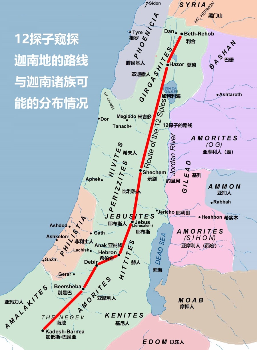  上图：迦南诸族和周边民族可能的分布情况。亚玛力人是以扫的后代（创三十六16），住在南地和西奈半岛一带（出十七8；撒上十五）；赫人住在希伯仑一带（创二十三10）；耶布斯人住在耶路撒冷（书十五63）；亚摩利人住在希伯仑山地（创十四13）；而其他的迦南人则住在地中海沿岸和约旦河谷。若没有神的带领，进迦南的道路确实是困难重重、充满了阻拦。