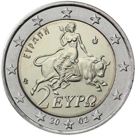 上图：2002年希腊发行的€2欧元硬币，上面的图案是欧罗巴（Europa）被宙斯化身的公牛诱拐到克里特岛，欧罗巴（Europa）的名字成为欧洲的名字，在所有日耳曼语、斯拉夫语、希腊语和拉丁语中，欧洲的名字都是Europa，只有英语是Europe。 在希腊神话中，欧罗巴是一个美丽的腓尼基公主，最高神宙斯看上了她，就变成白公牛，把欧罗巴诱拐到克里特岛，和她生下了儿子米诺斯（Minos），成为克里特之王。米诺斯兄弟三人都是同性恋，他的妻子与海神波塞冬送的公牛结合，生下了牛头人身的怪物弥诺陶洛斯（Minotaur），住在迷宫之中，并让雅典人每年献7对童男童女来供它食用。雅典王子忒修斯（Theseus）杀死了牛怪，但他父亲埃勾斯（Aegeus）误以为他已遇难，悲痛投海，这海就起名为爱琴海（Aegean Sea）。 欧罗巴的传说实际上就是「人兽淫合」，从古代埃及、美索不达米亚、迦南、希腊、伊朗、印度、中国和日本的艺术作品中，可以看到当时「人兽淫合」的现象非常普遍，这些在神的眼中都是「可憎恶的事」。