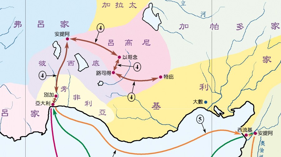 上图：使徒行传第十四章保罗第一次宣教旅程经过的地点。《加拉太书》的收信教会，可能包括彼西底的安提阿、以哥念、路司得、特庇。