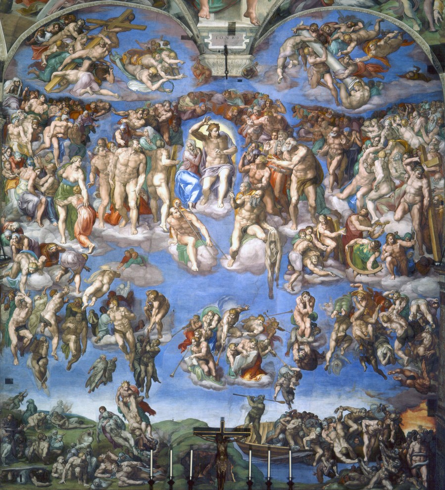 上图：《最后的审判》（Il Giudizio Universale），是意大利文艺复兴时期的画家和雕塑家米开朗基罗于1534年至1541年为西斯廷礼拜堂绘制的一幅巨型祭坛画，描绘基督再来审判世界。画面上方与天顶画相接处两个半圆形画面是一些无翼天使，左面一组抱的是十字架，右面一组抱的是耻辱柱。耶稣下方八个吹号角的天使正在唤醒死者宣示审判开始。画面正中央的耶稣正举起右臂宣告审判开始，看着下到地狱的人群。圣母玛丽亚站在耶稣右边，看着升上天国的人群。耶稣周围是十二门徒和殉道者们：耶稣右脚下方是殉道者圣·劳伦斯，他拿着烤肉架，因为他被放在烤肉架上活活烤死；耶稣左脚下方是使徒巴多罗买，手中拿着殉道时被割下的人皮，皮上的脸是米开朗基罗自己。画面下方左侧是升往天国的人群，右侧是将打入地狱的亡魂。画面右下角的船上向亡魂挥舞船桨的是地狱的引渡人，坐上船的亡魂将渡过阿克隆河进入地狱。米开朗基罗所厌恶的教宗儒略二世正在被地狱的蛇怪撕咬。