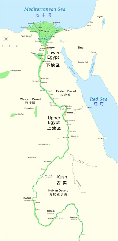 上图：尼罗河从南向北流经古实、上埃及、下埃及，将沙漠分开，并在地中海的入海口形成一个巨大的三角洲，所以说「他们的地有江河分开」（赛十八2）。几乎所有的古埃及遗址均位于尼罗河畔。从喀土穆（Khartoum）到阿斯旺（Aswan）之间的尼罗河有六大险滩，河水又浅又急，石头河床露出水面，在洪水季节之外无法航行。